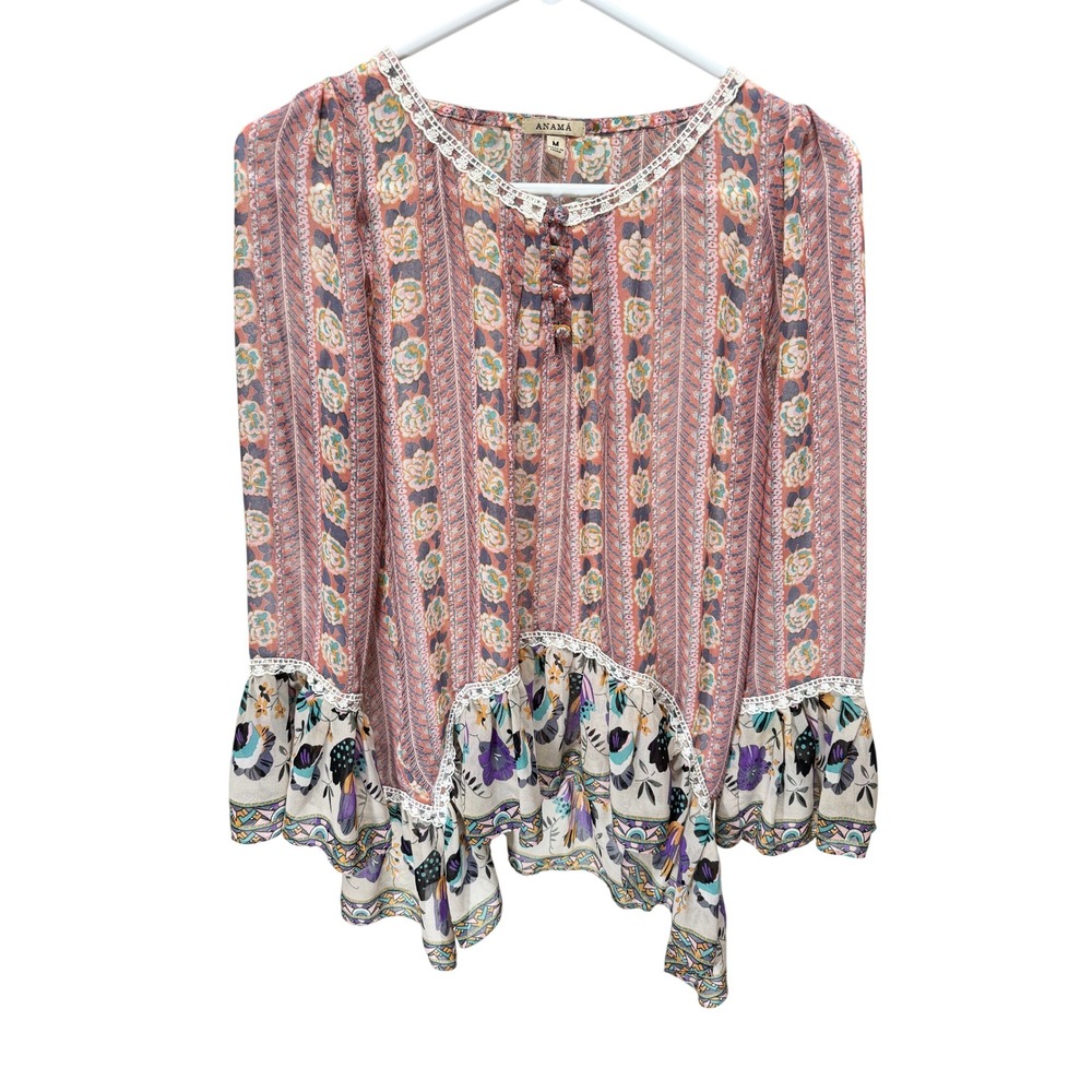 Anama Blouse Women M Pink Floral Paisley Boho Peplum Lace Bell Sleeve Sheer